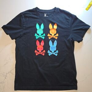 Psycho Bunny Mens Black Pima Cotton Multi Color Graphic Logo T-Shirt Size 4 M